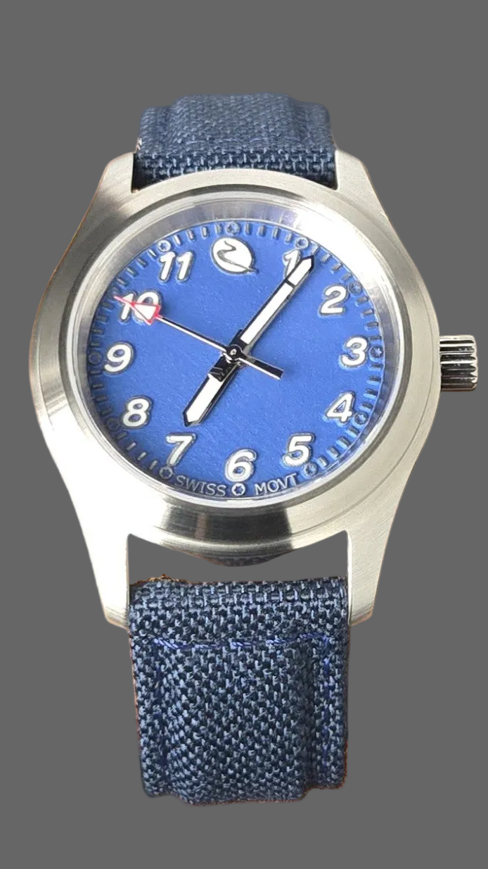 Bearing is built as a compact modern instrument watch, combining strong legibility with the material depth and hand-finished character that define Beck Watch Co. Cobalt Matte is housed in brushed stainless steel. A sapphire crystal protects the dial.