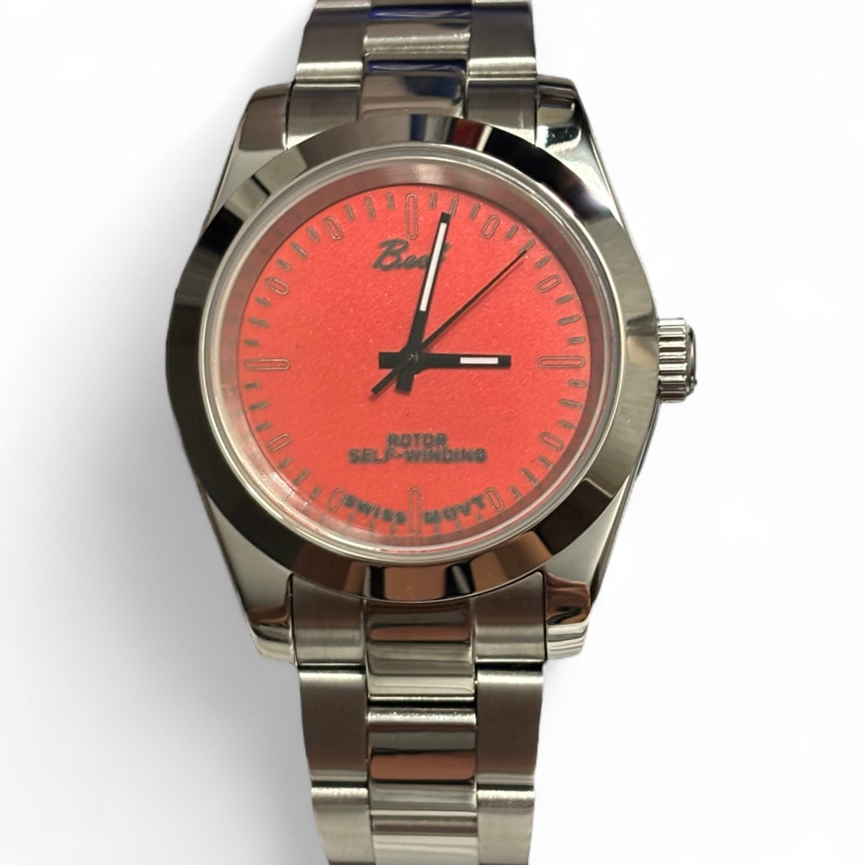 Beck Astra 25140 – Red Pearl dial, slanted bezel, three-link bracelet, Sellita SW200 automatic movement $1,050.00