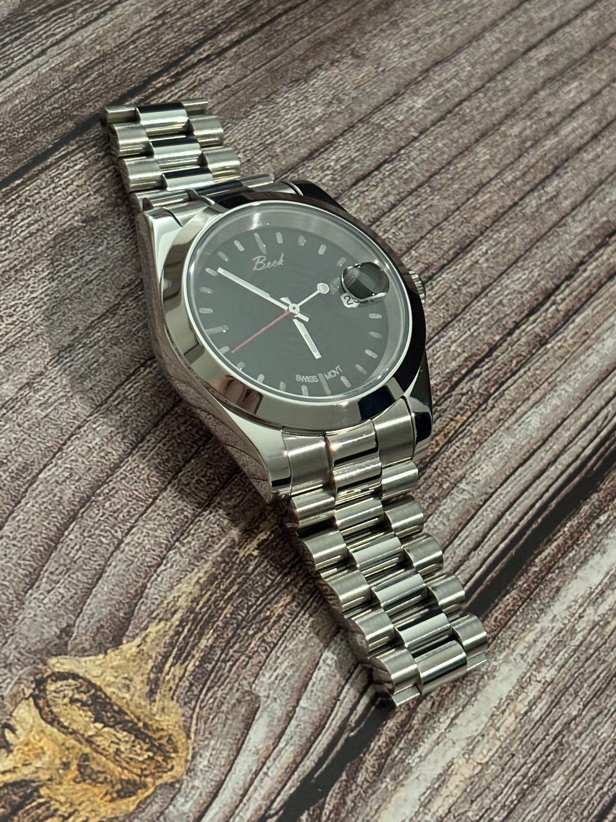 Beck Solaris Noctis 25111 – Satin Black guilloché  dial, 40mm 316 stainless-steel case, slanted bezel, Executive solid-link bracelet, Swiss movement SW200 $1,199.00 