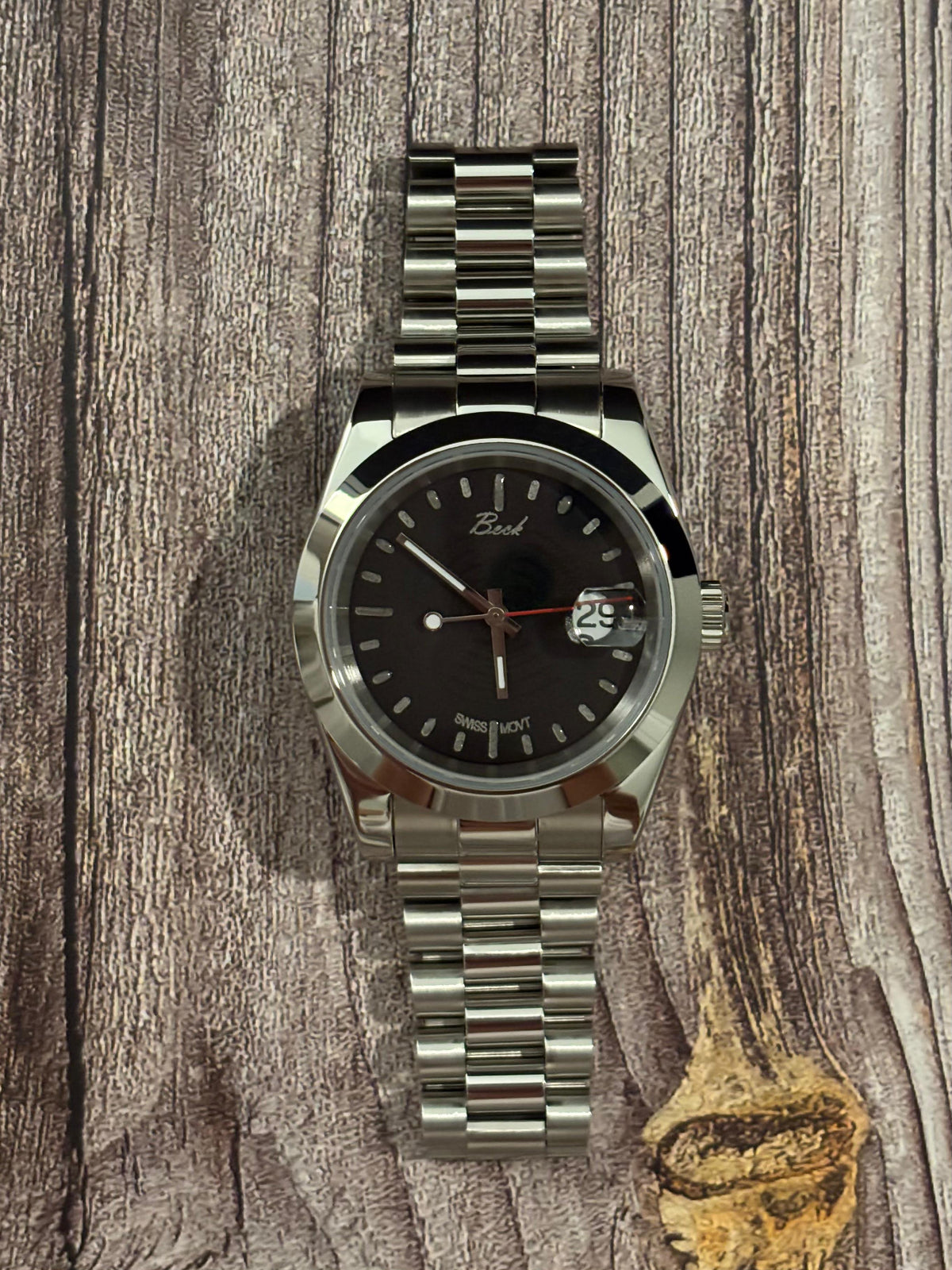 Beck Solaris Noctis 25111 – Satin Black guilloché  dial, 40mm 316 stainless-steel case, slanted bezel, Executive solid-link bracelet, Swiss movement SW200 $1,199.00 