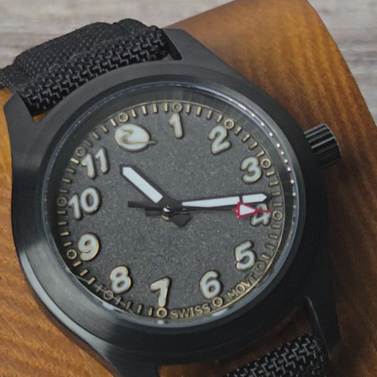 Bearing is built as a compact modern instrument watch, combining strong legibility with the material depth and hand-finished character that define Beck Watch Co. Graphite Matte uses a black PVD finish that gives the same case architecture a darker, more technical character. 