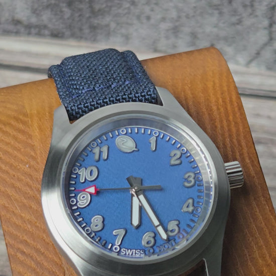 Bearing is built as a compact modern instrument watch, combining strong legibility with the material depth and hand-finished character that define Beck Watch Co. Cobalt Matte is housed in brushed stainless steel. A sapphire crystal protects the dial.